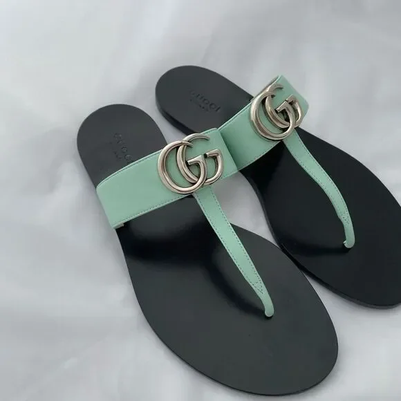 Gucci Marmont GG Thong Leather Water Green EU 37.5 US 7.5 Flip Flop Flat Sandals - Picture 2 of 16